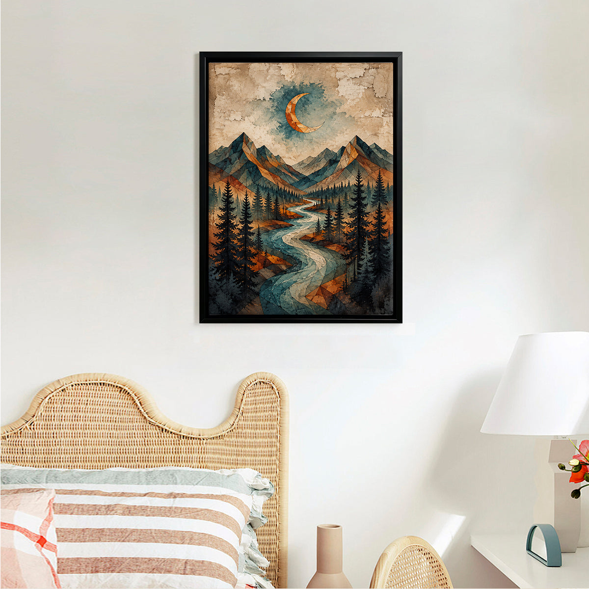 Framed Mountain Landscape Art Print with Crescent Moon, Geometric Style, High-Quality Matte Finish, Perfect for Home Decor in Any Room