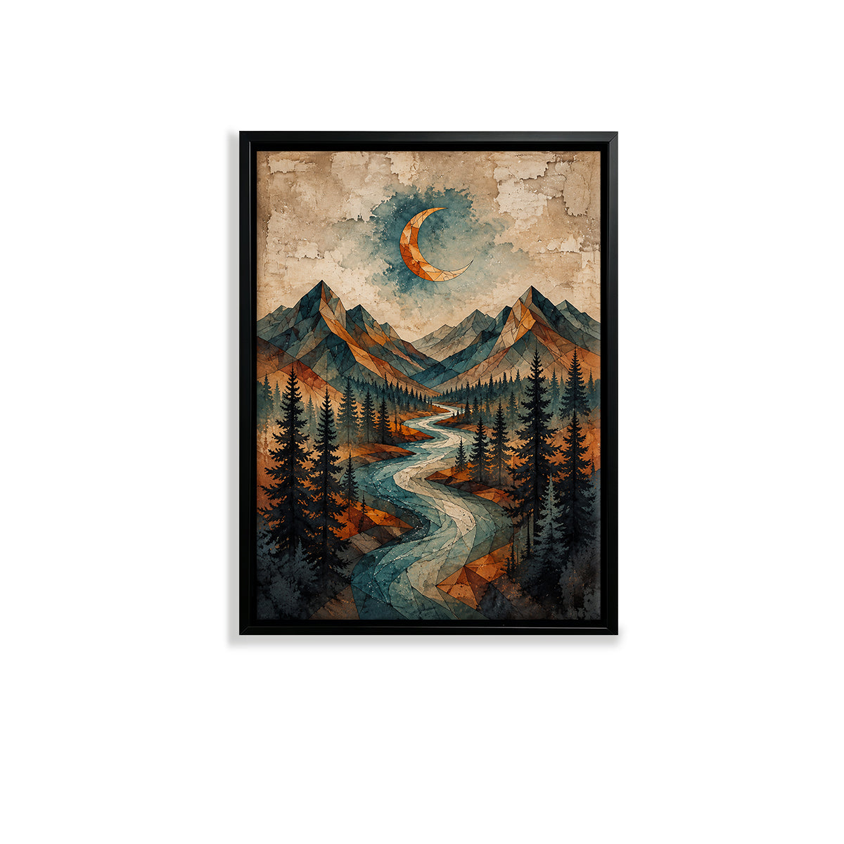 Framed Mountain Landscape Art Print with Crescent Moon, Geometric Style, High-Quality Matte Finish, Perfect for Home Decor in Any Room
