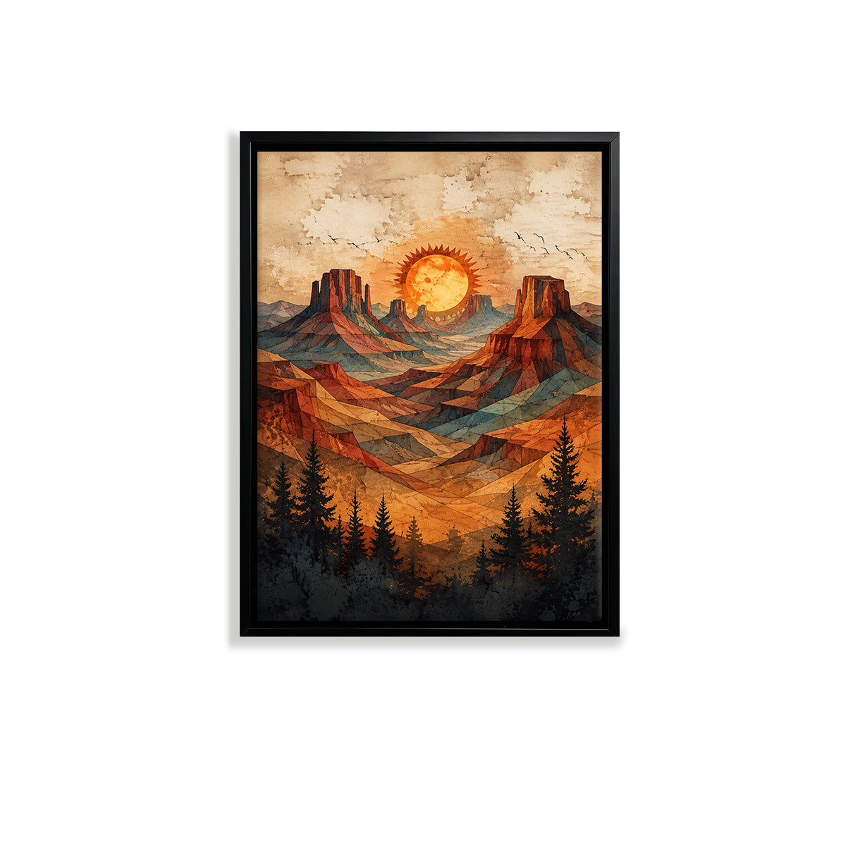 Framed Desert Landscape Art Print with Vibrant Sunset and Pine Trees, Perfect for Home Decor
