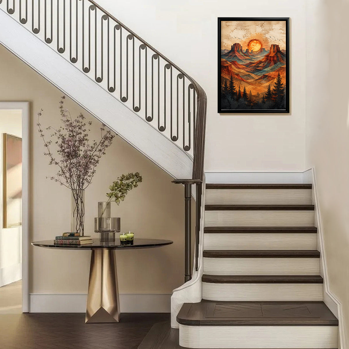 Framed Desert Landscape Art Print with Vibrant Sunset and Pine Trees, Perfect for Home Decor