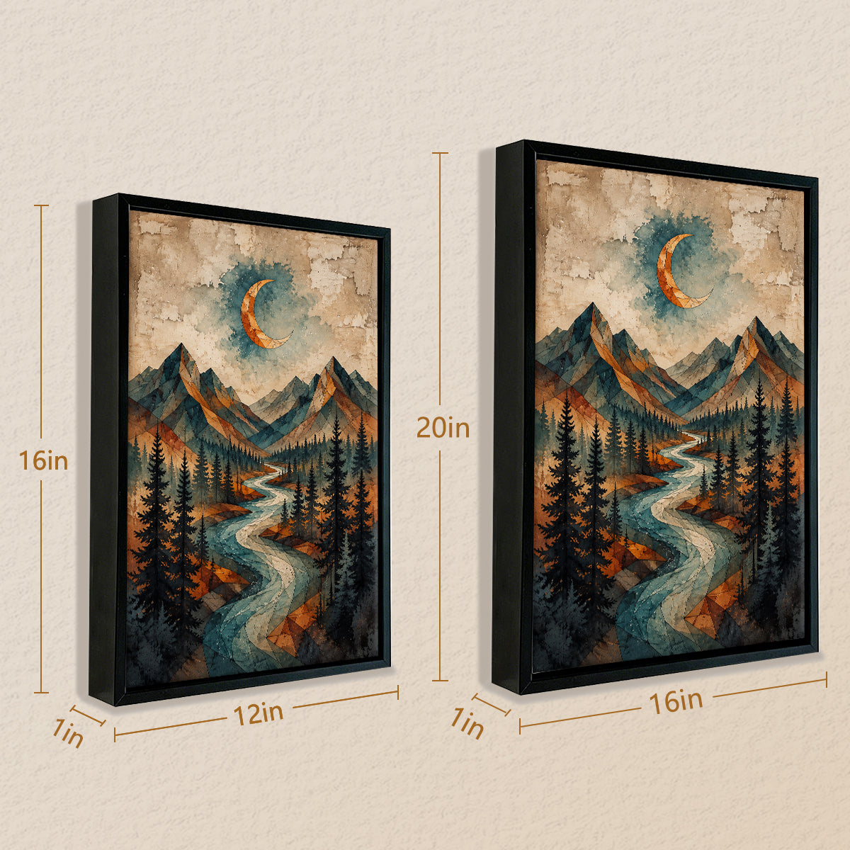 Framed Mountain Landscape Art Print with Crescent Moon, Geometric Style, High-Quality Matte Finish, Perfect for Home Decor in Any Room