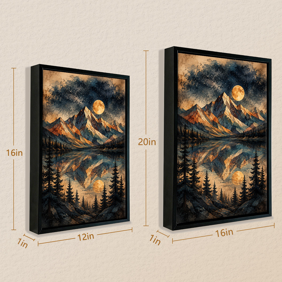 Framed Mountain Landscape Art Print with Moon Reflection, Vintage Style, High-Quality Canvas for Home Decor