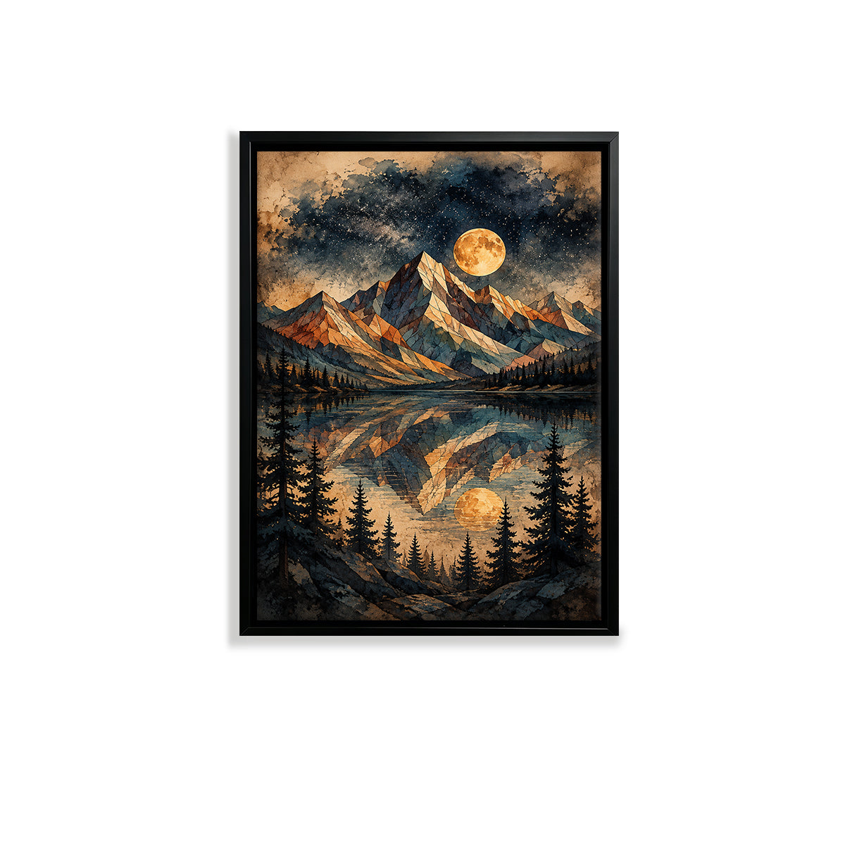 Framed Mountain Landscape Art Print with Moon Reflection, Vintage Style, High-Quality Canvas for Home Decor
