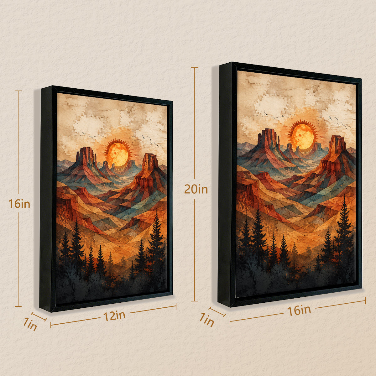 Framed Desert Landscape Art Print with Vibrant Sunset and Pine Trees, Perfect for Home Decor