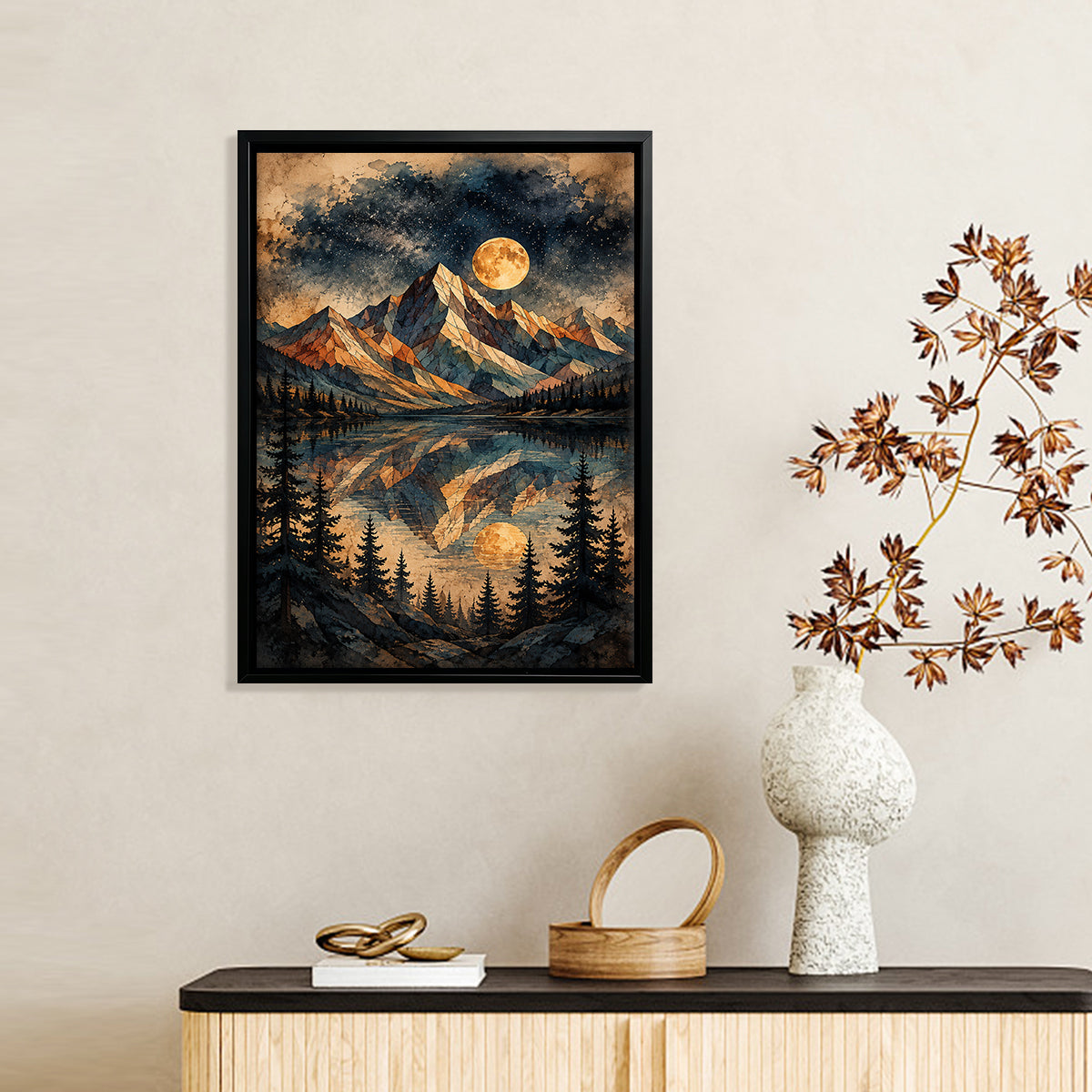 Framed Mountain Landscape Art Print with Moon Reflection, Vintage Style, High-Quality Canvas for Home Decor