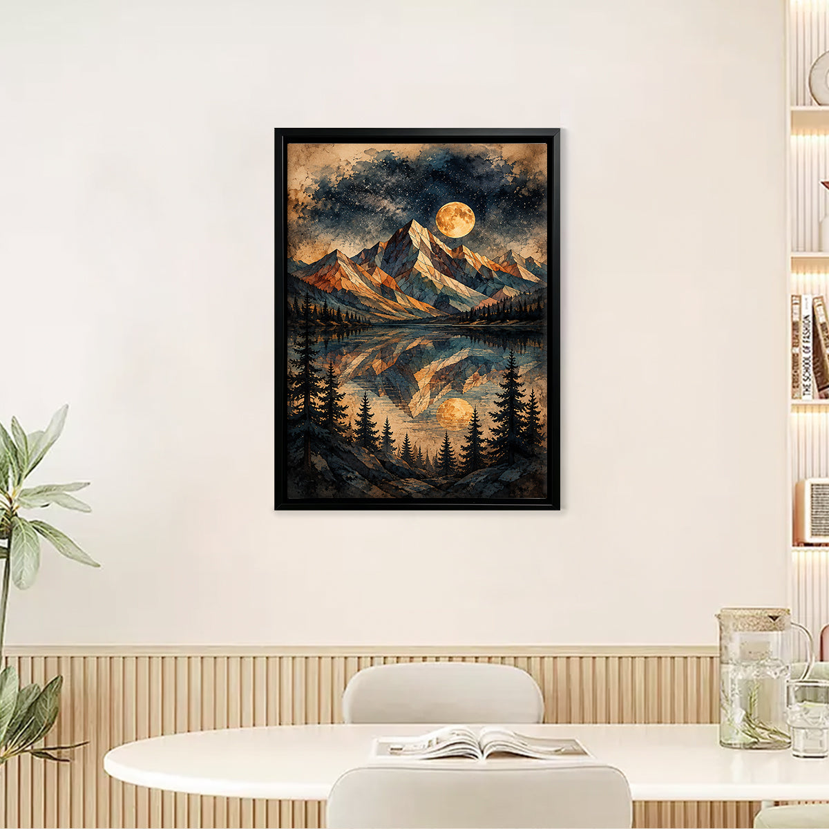 Framed Mountain Landscape Art Print with Moon Reflection, Vintage Style, High-Quality Canvas for Home Decor