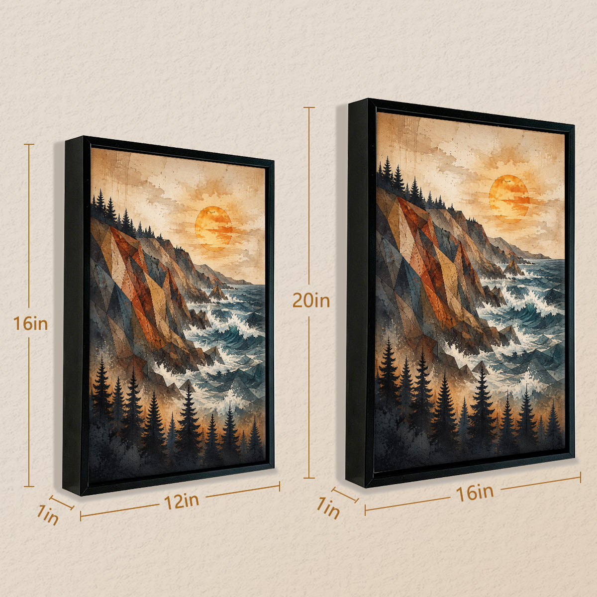 Framed Coastal Landscape Art Print with Geometric Mountains and Pine Trees, Perfect for Home Decor in Any Room