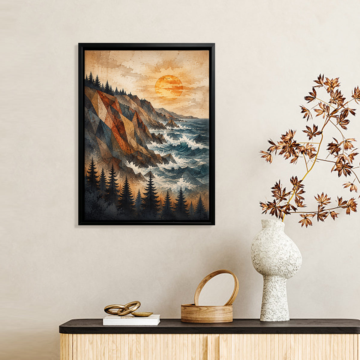 Framed Coastal Landscape Art Print with Geometric Mountains and Pine Trees, Perfect for Home Decor in Any Room