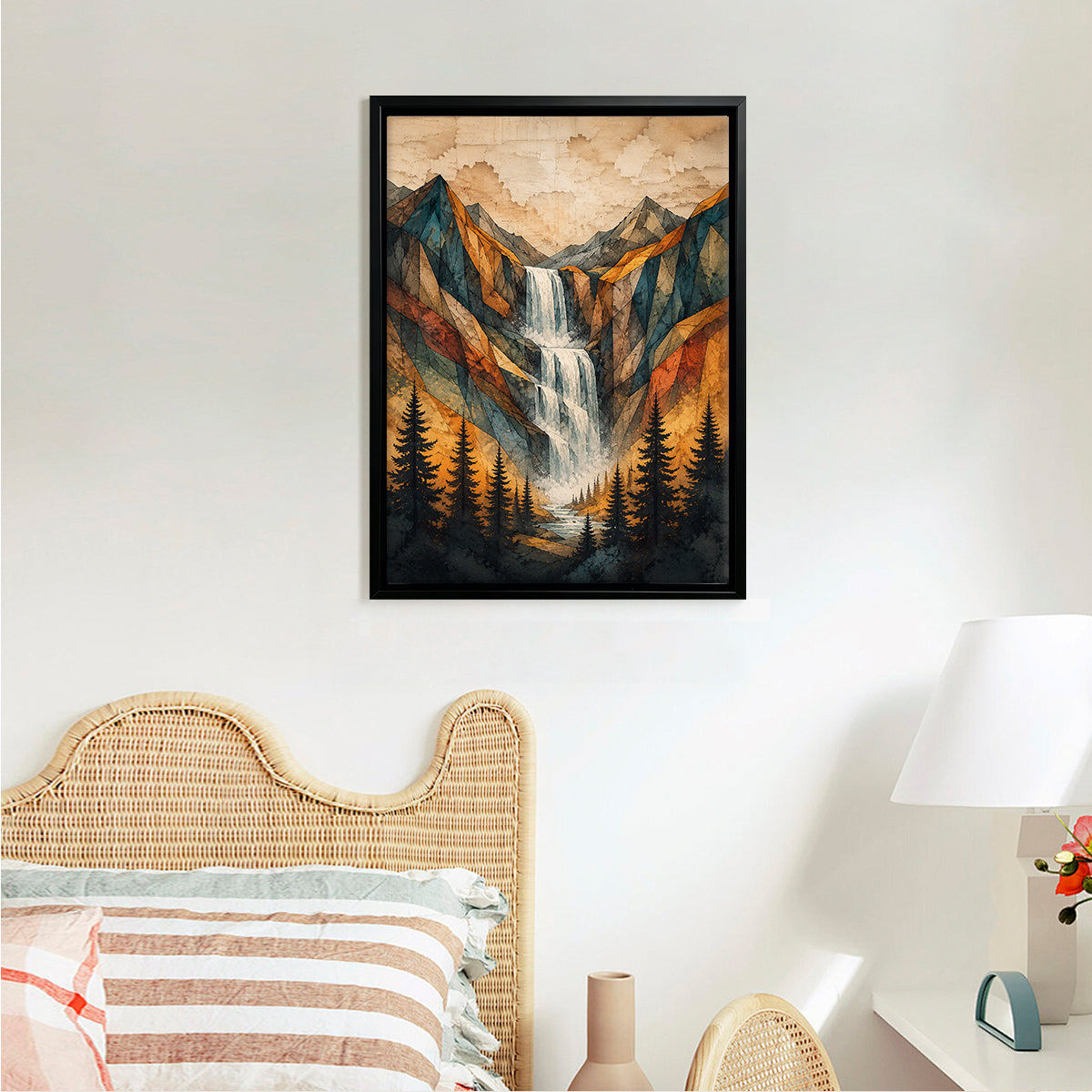 Framed Mountain Waterfall Landscape Art Print, Geometric Style, High-Quality Paper, Perfect for Home or Office Decoration in New York