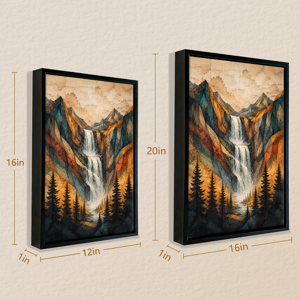 Framed Mountain Waterfall Landscape Art Print, Geometric Style, High-Quality Paper, Perfect for Home or Office Decoration in New York