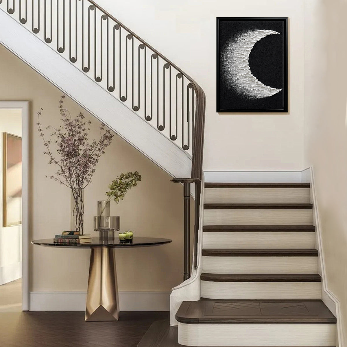 Abstract Crescent Moon Wall Art Print, Modern Black and White Canvas Painting for Home Decor
