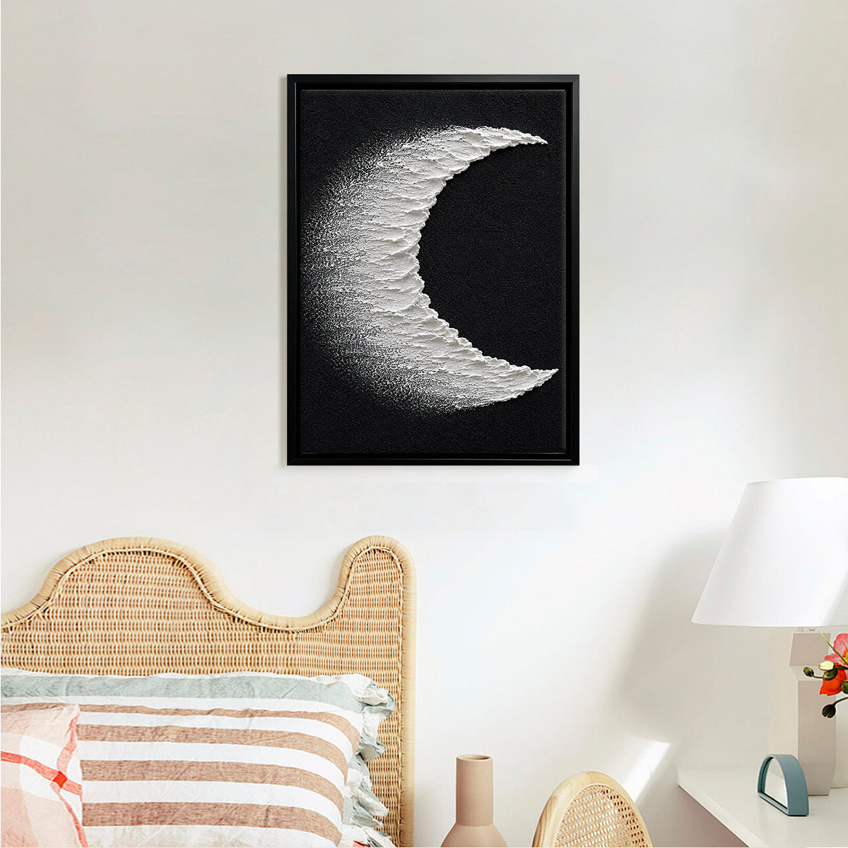 Abstract Crescent Moon Wall Art Print, Modern Black and White Canvas Painting for Home Decor