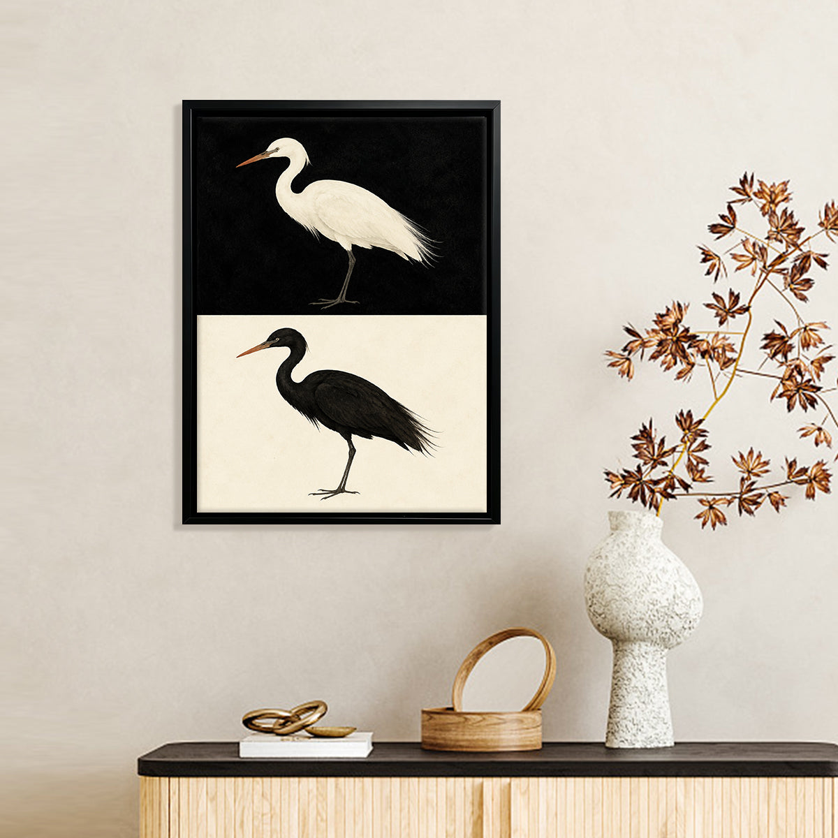Framed Bird Art Print Featuring White and Black Herons, Modern Home Decor, High-Quality Matte Finish, Perfect for Living Room or Office
