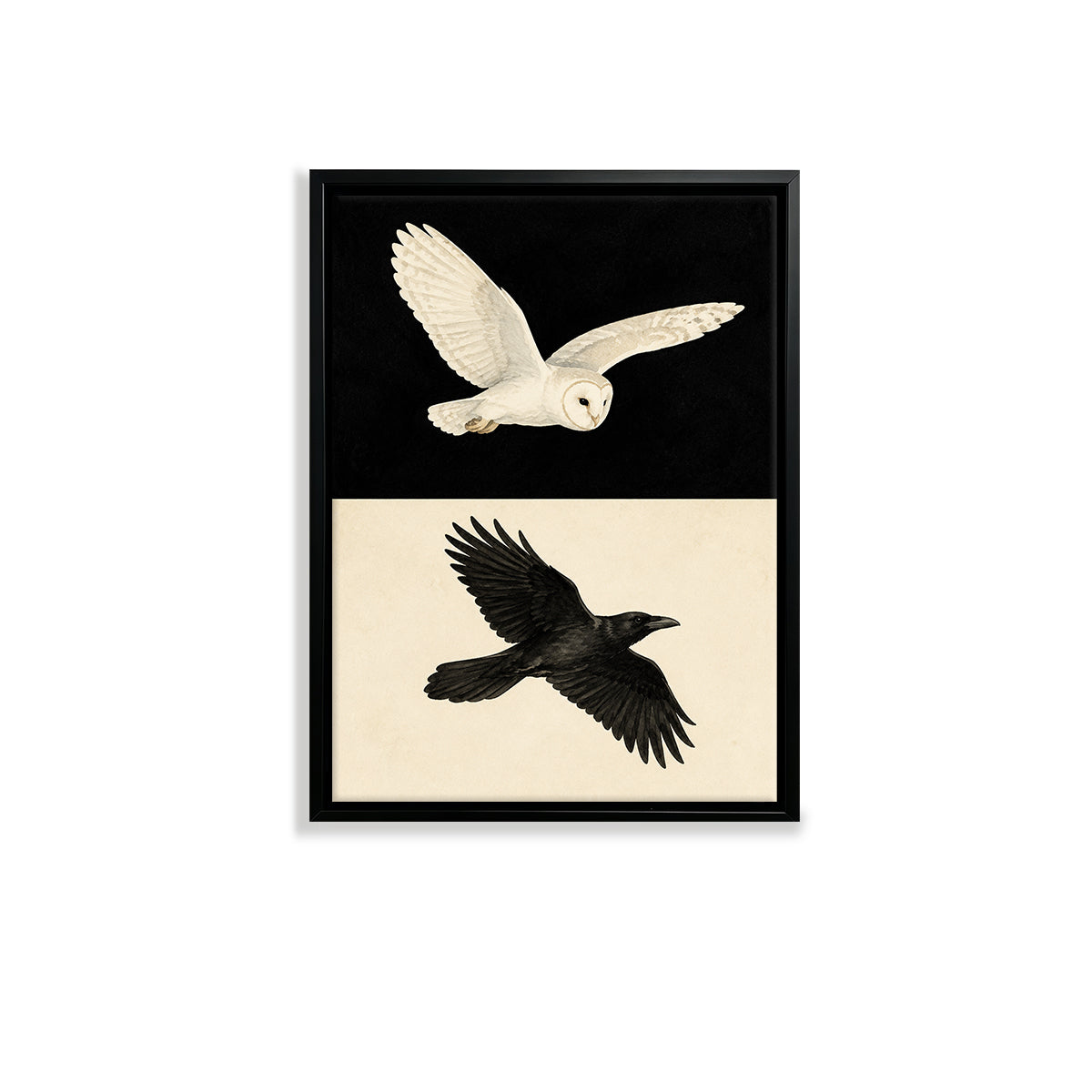 Framed Barn Owl and Raven Flying Art Print, Vintage Style Canvas Wall Decor for Home or Office