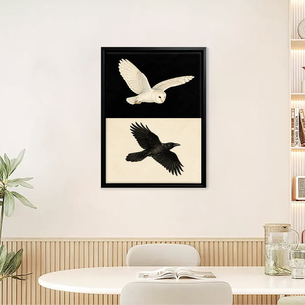 Framed Barn Owl and Raven Flying Art Print, Vintage Style Canvas Wall Decor for Home or Office