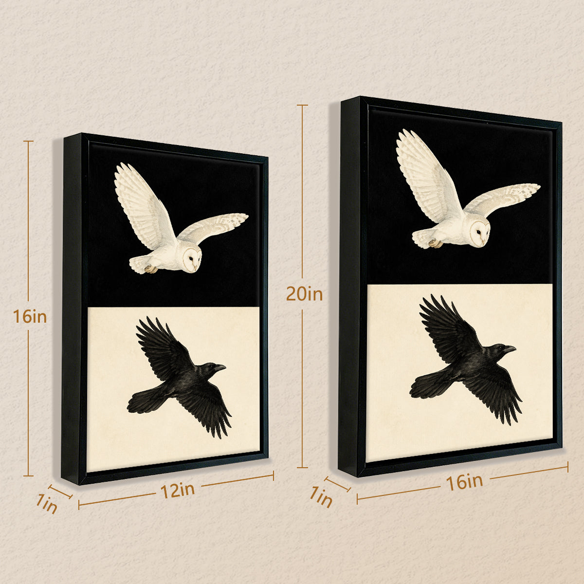 Framed Barn Owl and Raven Flying Art Print, Vintage Style Canvas Wall Decor for Home or Office