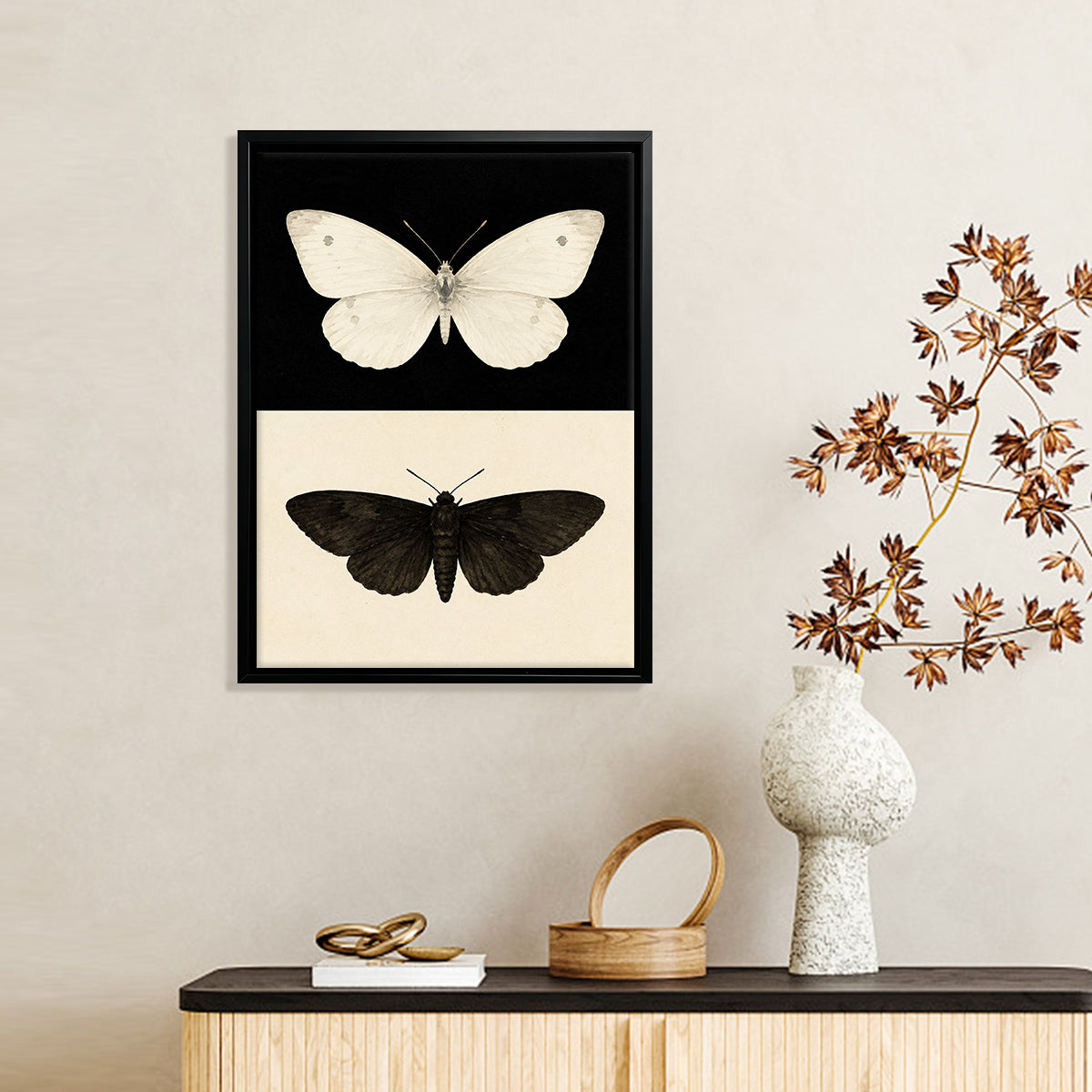 Framed Butterfly Art Print Featuring White and Black Moth Designs, Elegant Home Decor for Any Room