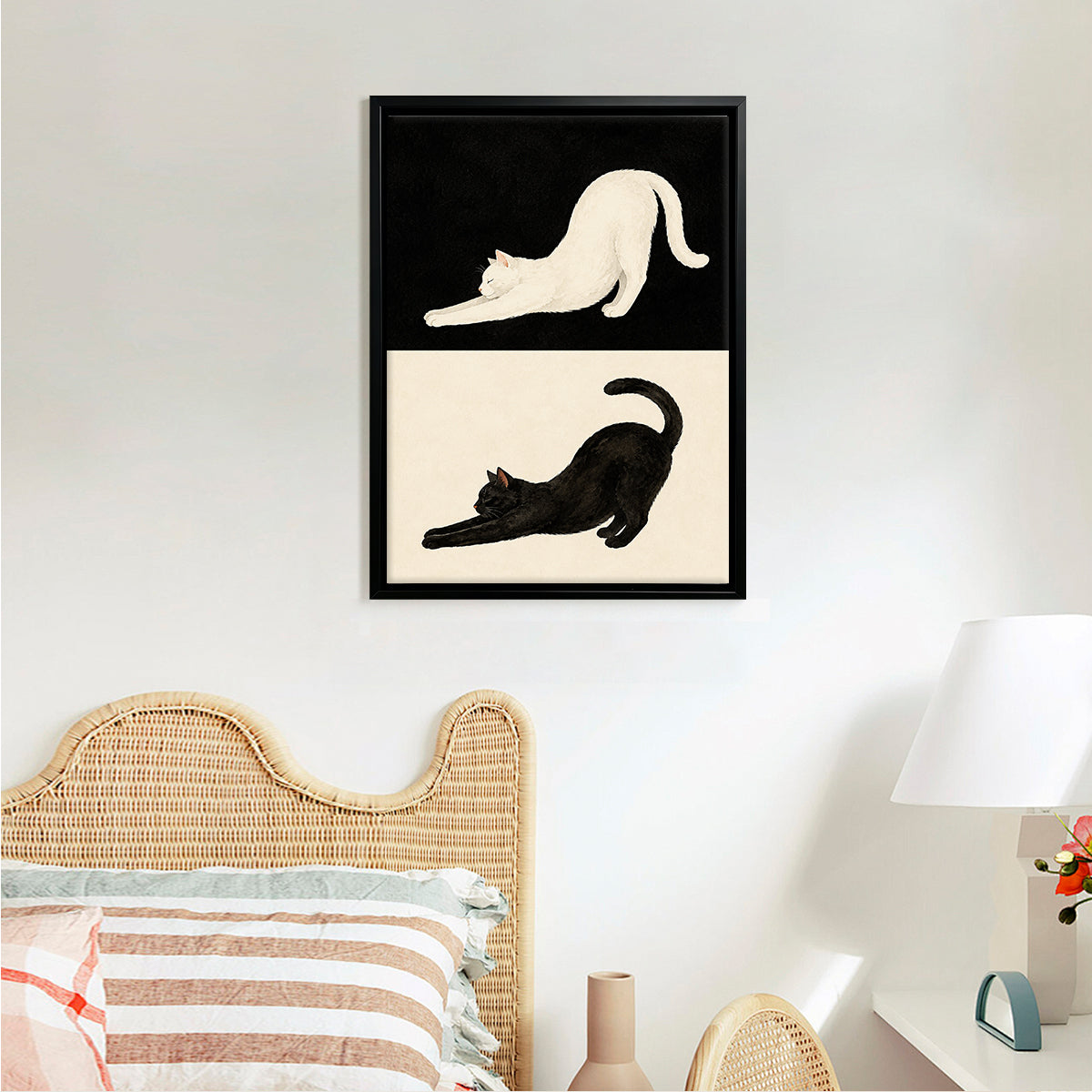 Framed Cat Stretching Art Print, Black and White Modern Home Decor, Perfect for Living Room or Bedroom