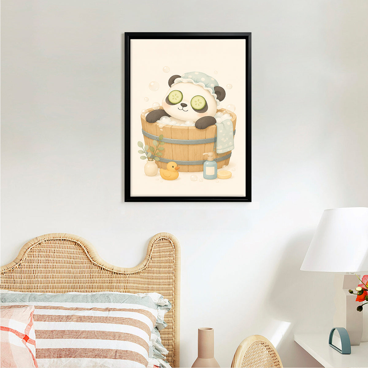 Cute Panda Spa Bath Framed Art Print, Whimsical Home Decor for Any Room