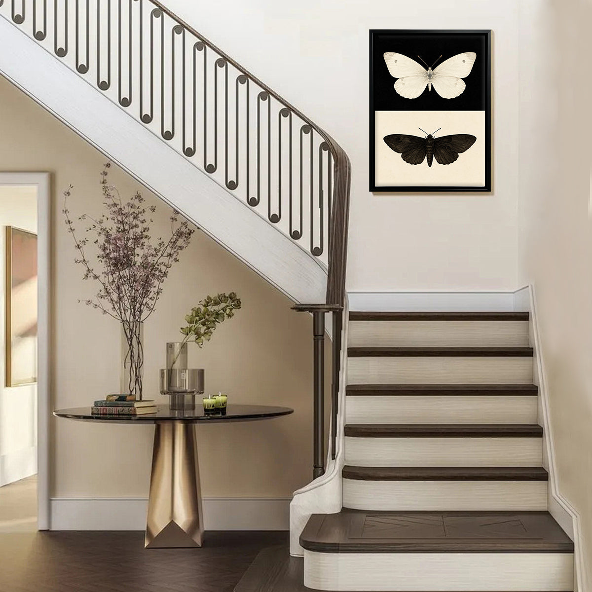 Framed Butterfly Art Print Featuring White and Black Moth Designs, Elegant Home Decor for Any Room