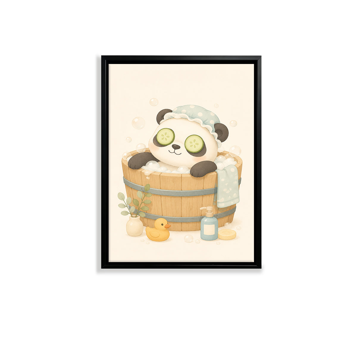 Cute Panda Spa Bath Framed Art Print, Whimsical Home Decor for Any Room