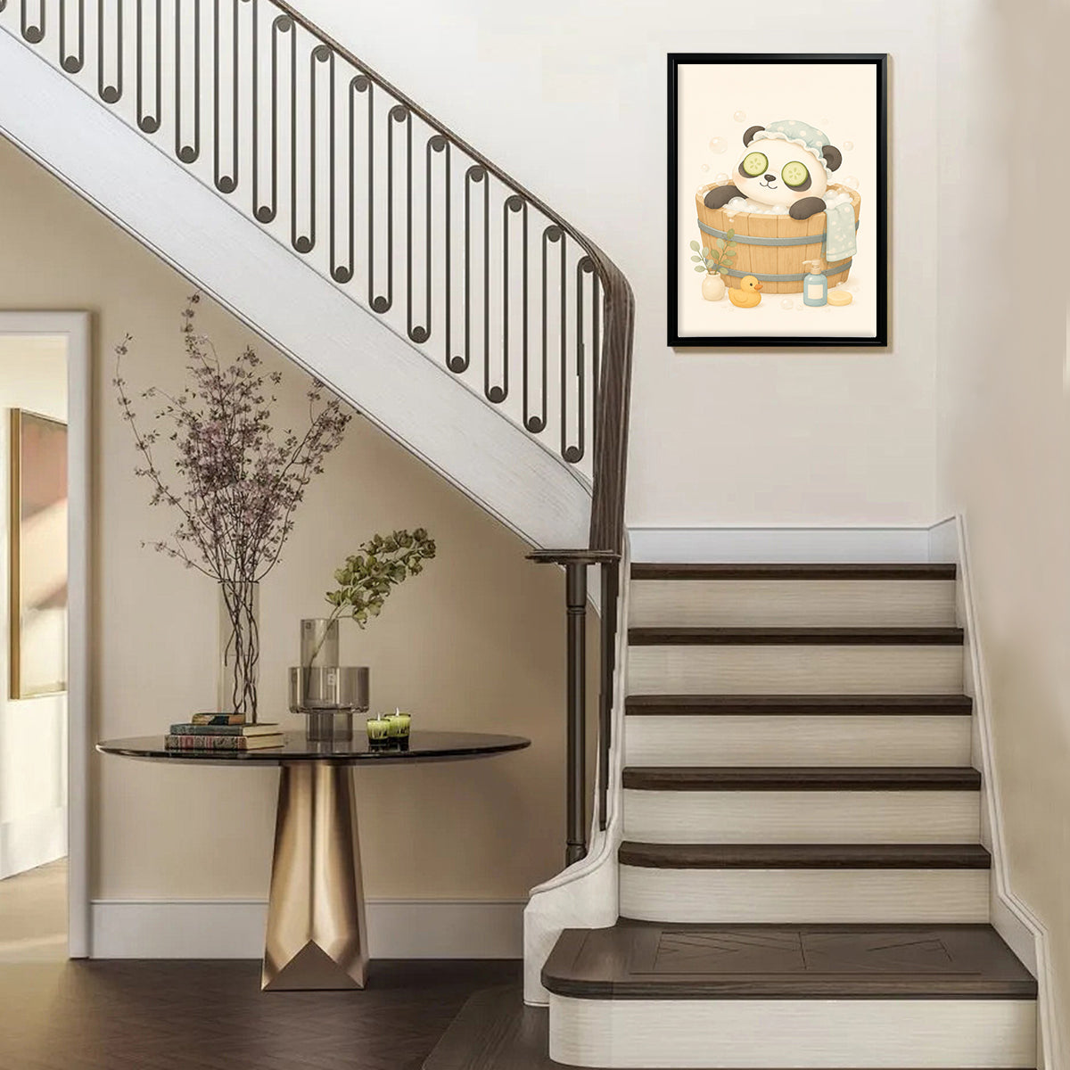 Cute Panda Spa Bath Framed Art Print, Whimsical Home Decor for Any Room