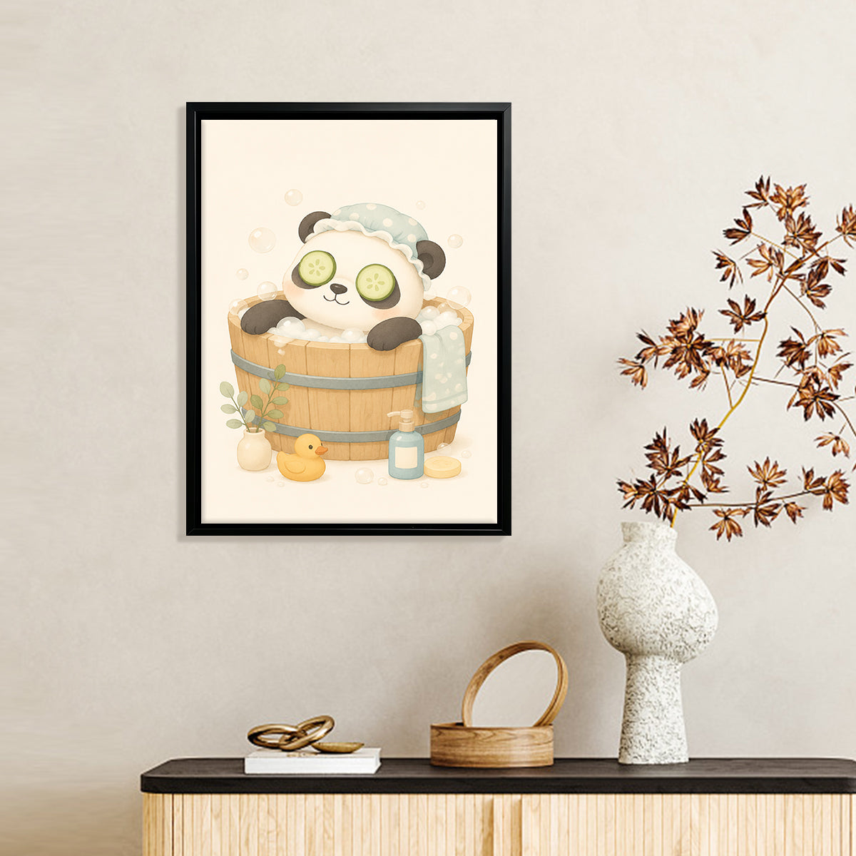 Cute Panda Spa Bath Framed Art Print, Whimsical Home Decor for Any Room