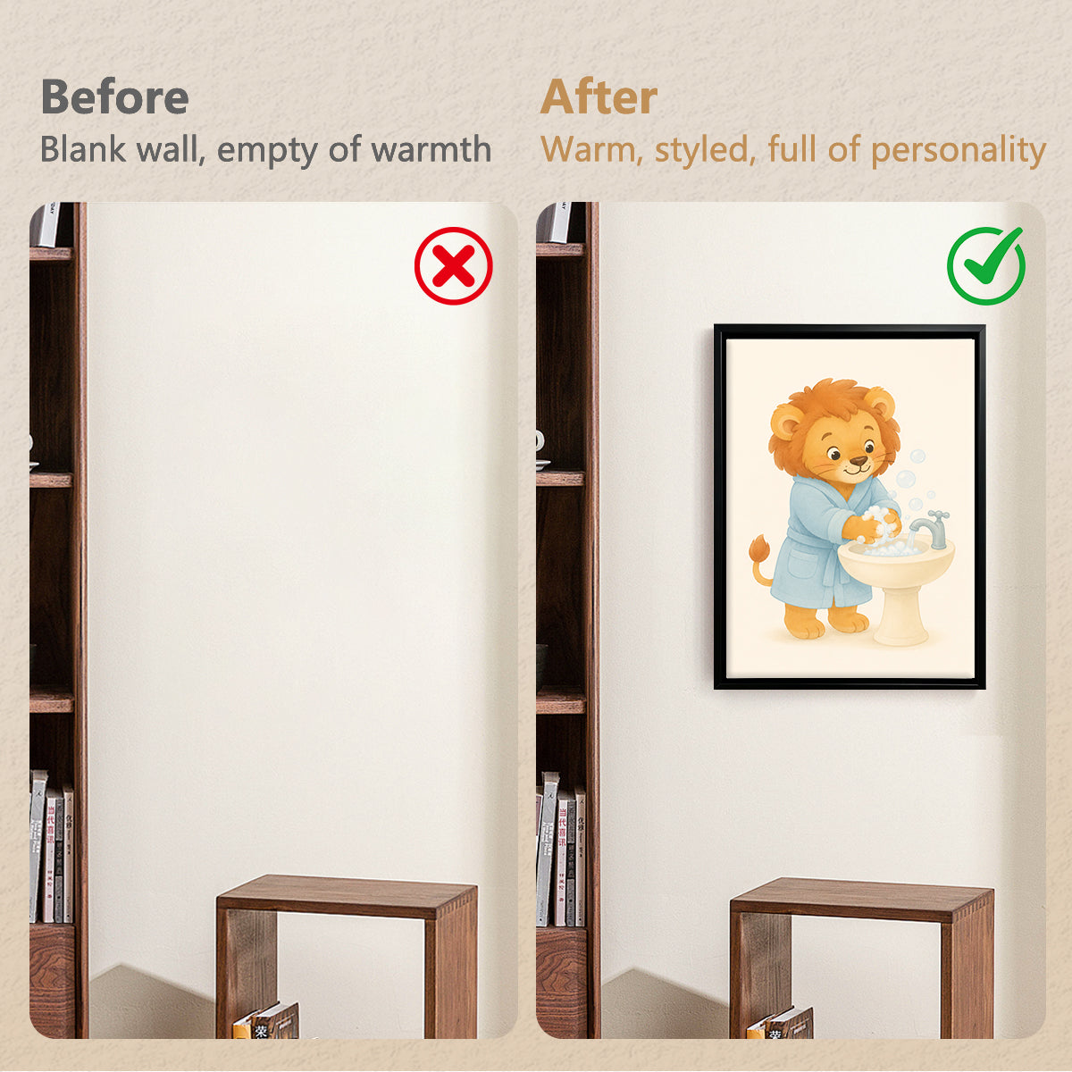 Framed Lion Washing Hands Bathroom Art Print, Adorable Kids Decor, High-Quality Matte Finish