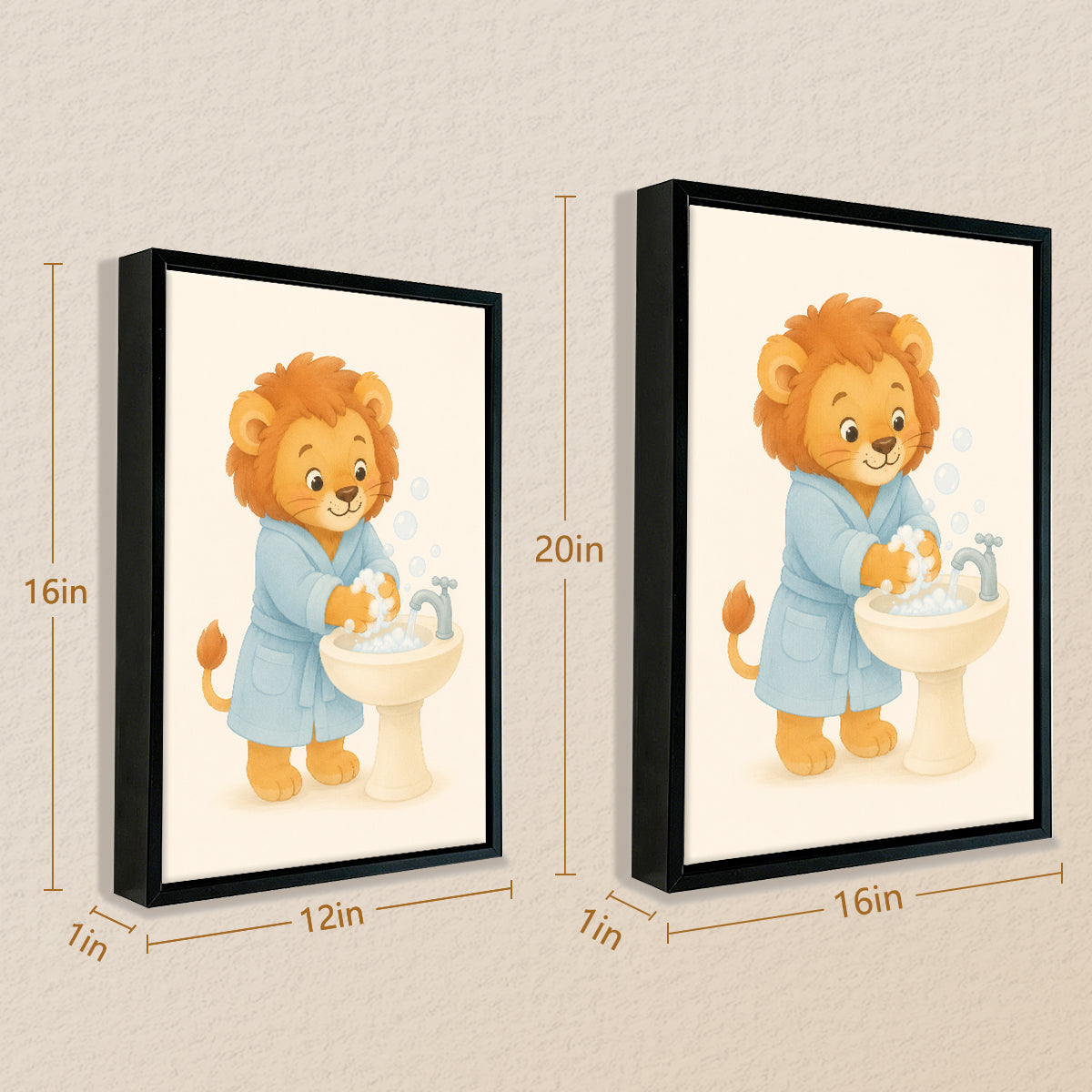 Framed Lion Washing Hands Bathroom Art Print, Adorable Kids Decor, High-Quality Matte Finish