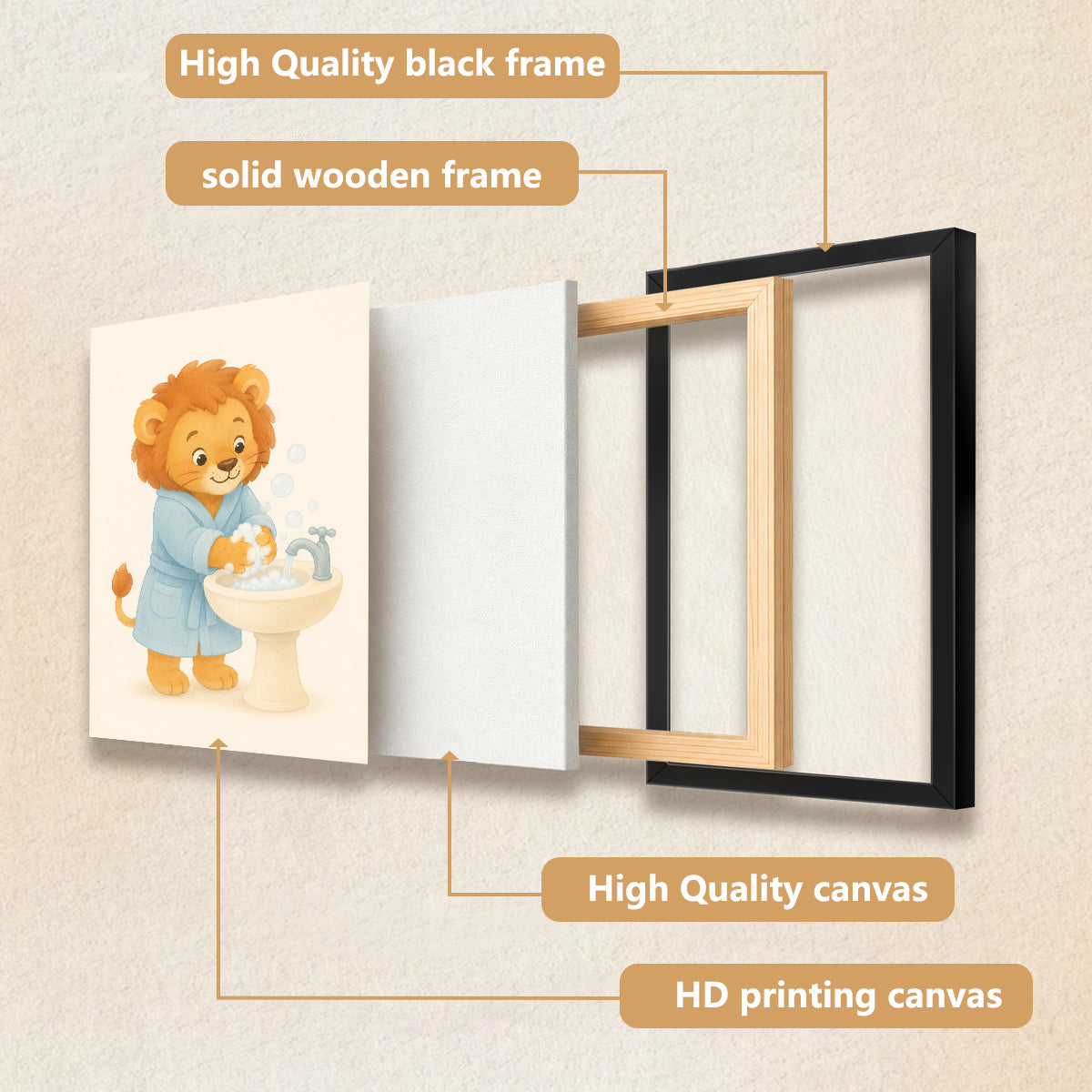 Framed Lion Washing Hands Bathroom Art Print, Adorable Kids Decor, High-Quality Matte Finish