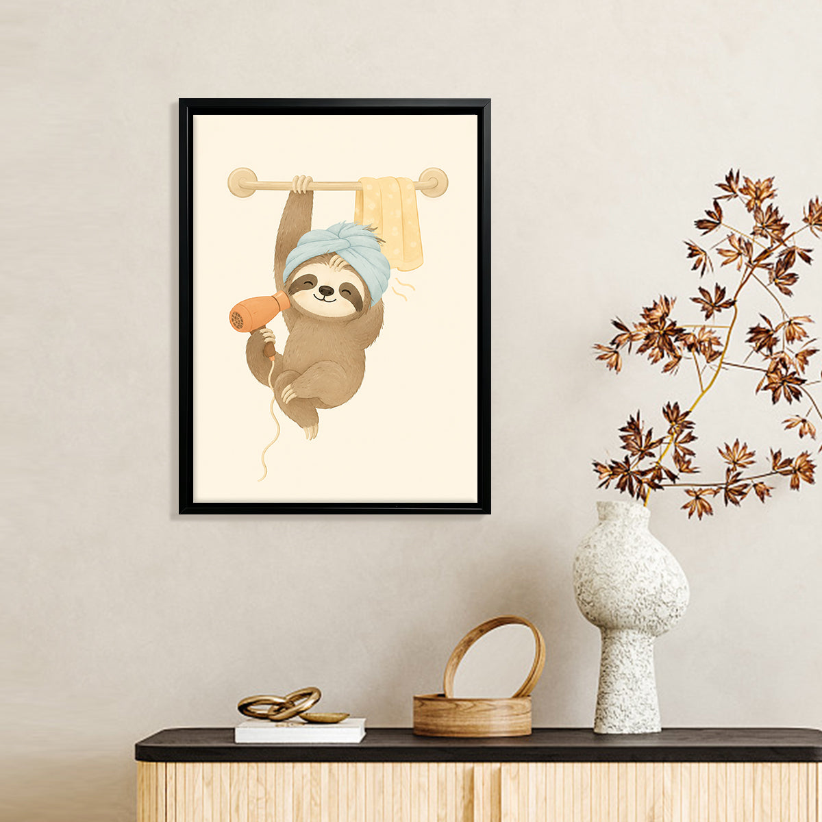 Framed Sloth Hair Dryer Art Print, Whimsical Bathroom Decor, High-Quality Matte Finish, Perfect for Home or Office