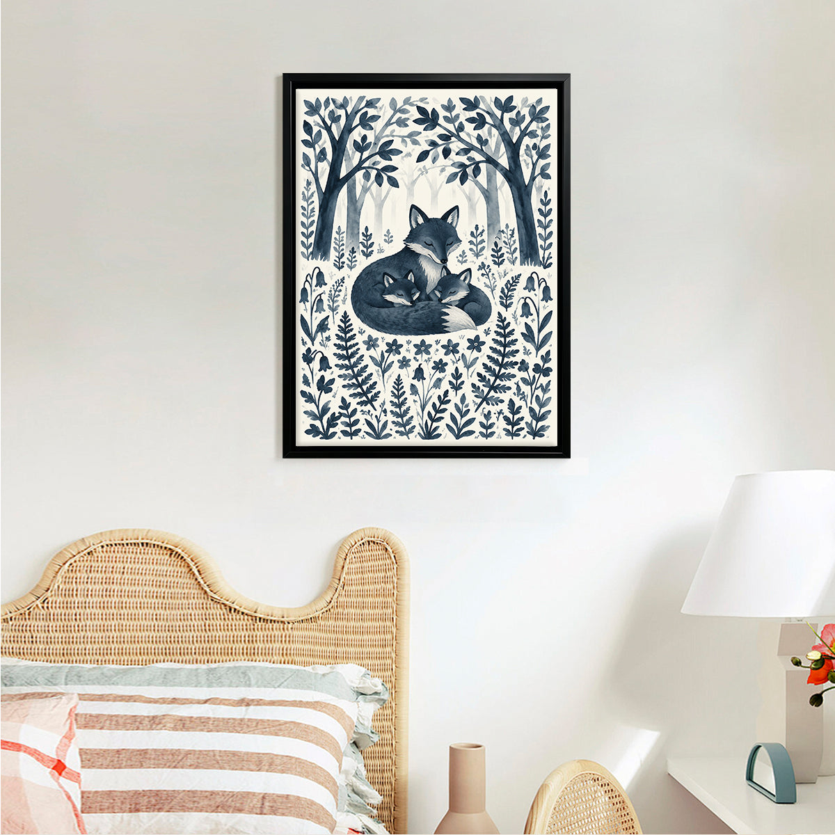 Framed Forest Fox Family Art Print, Blue Watercolor Style, Perfect for Home Decor or Gift