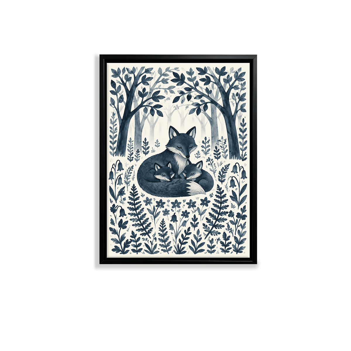 Framed Forest Fox Family Art Print, Blue Watercolor Style, Perfect for Home Decor or Gift