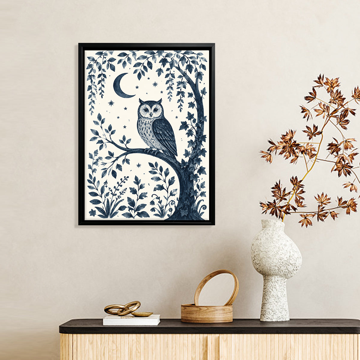 Framed Owl Art Print with Moon and Stars, Blue Monochrome Style, Perfect Home Decor for Any Room