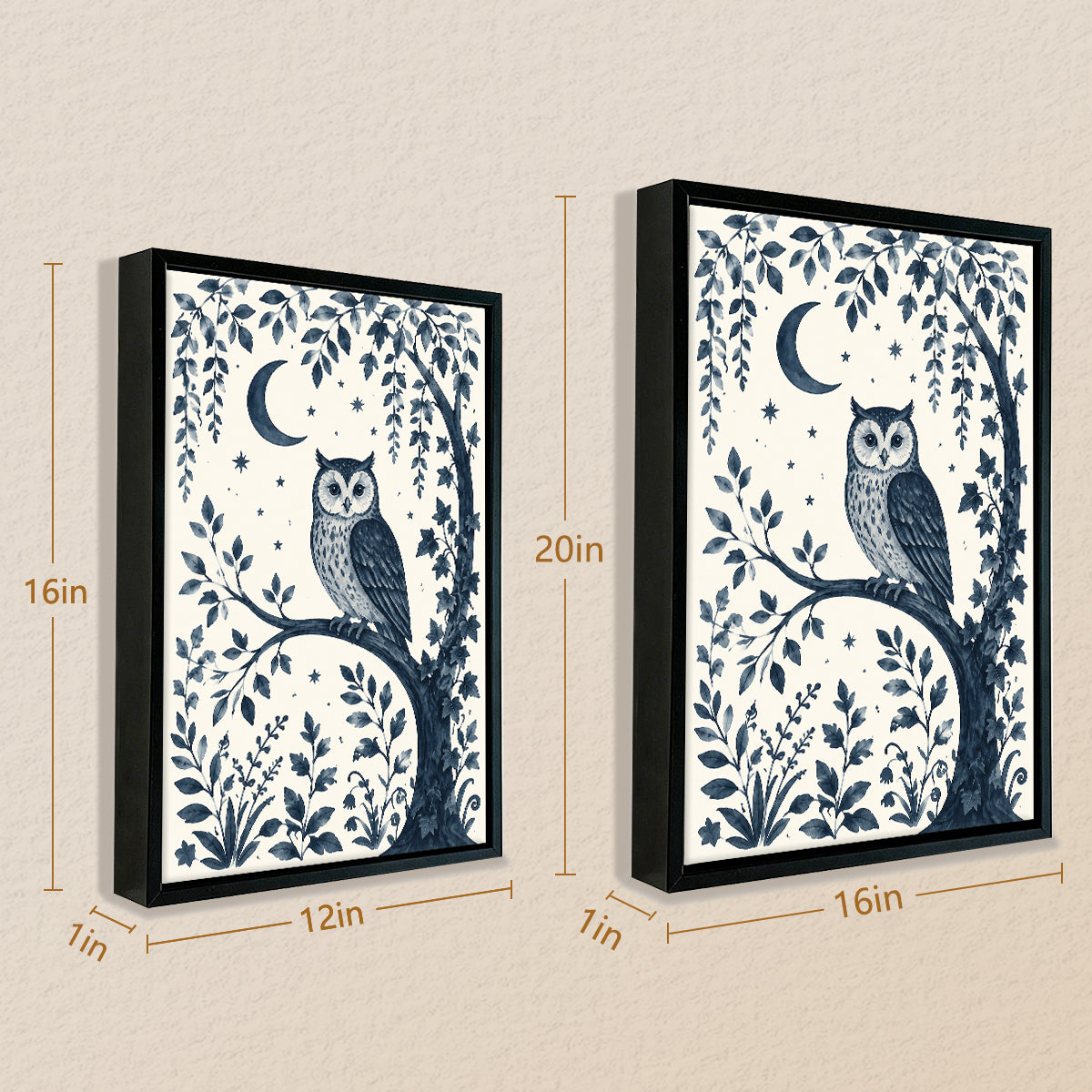 Framed Owl Art Print with Moon and Stars, Blue Monochrome Style, Perfect Home Decor for Any Room