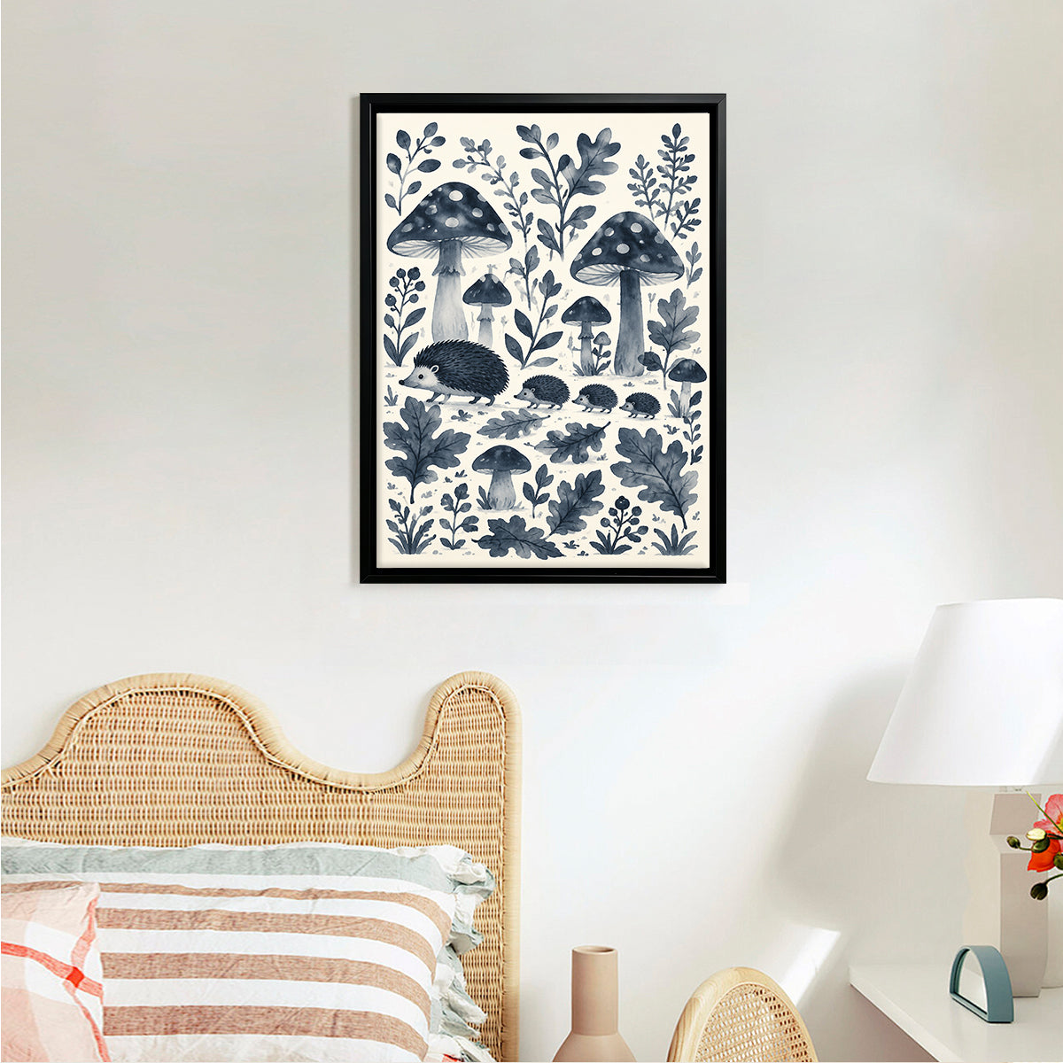 Framed Hedgehog and Mushroom Forest Art Print, Vintage Style, High-Quality Paper, Perfect for Home Decor in New York