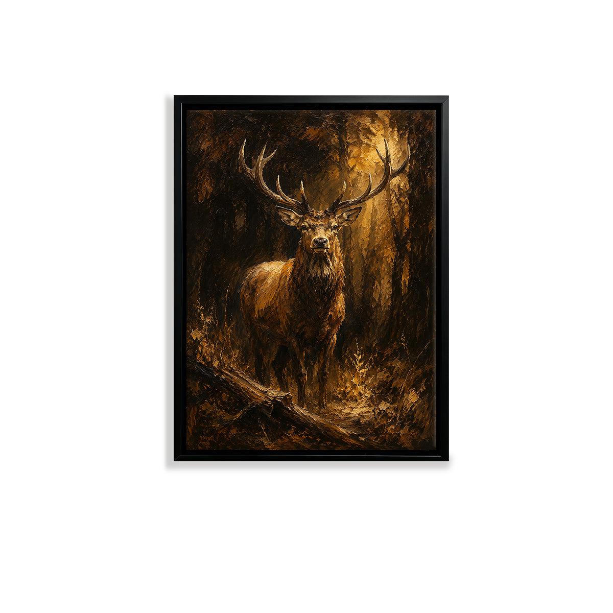 Framed Stag in Forest Oil Painting, Classic Artwork, High-Quality Canvas, Home Decor for Living Room or Office