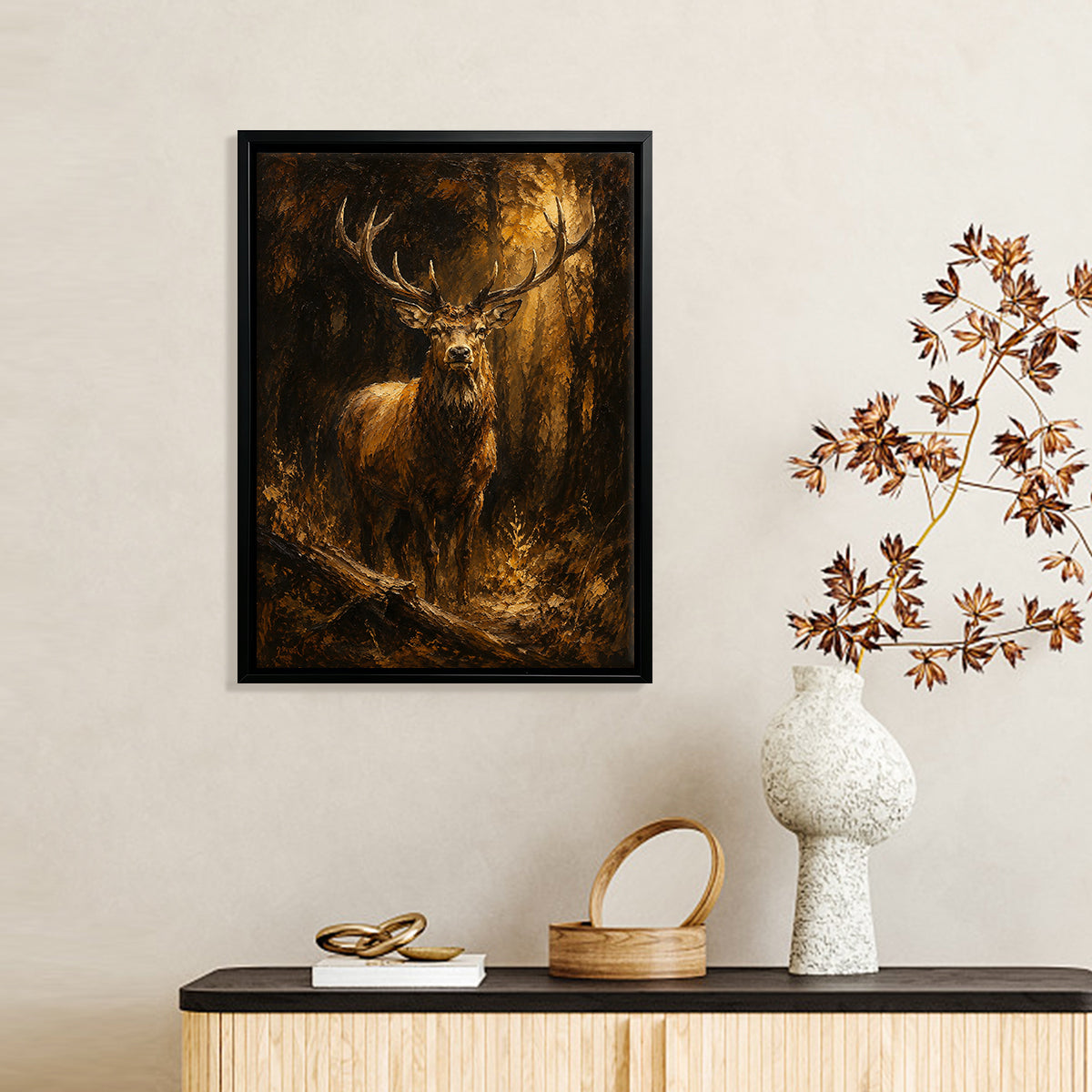 Framed Stag in Forest Oil Painting, Classic Artwork, High-Quality Canvas, Home Decor for Living Room or Office