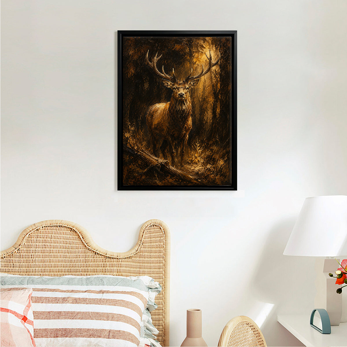 Framed Stag in Forest Oil Painting, Classic Artwork, High-Quality Canvas, Home Decor for Living Room or Office