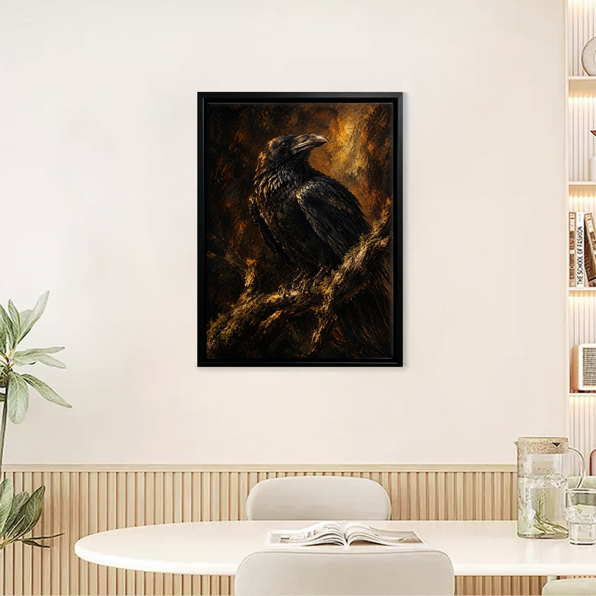 Framed Raven Oil Painting, Gothic Style, High-Quality Artwork, Perfect for Home Decor in New York