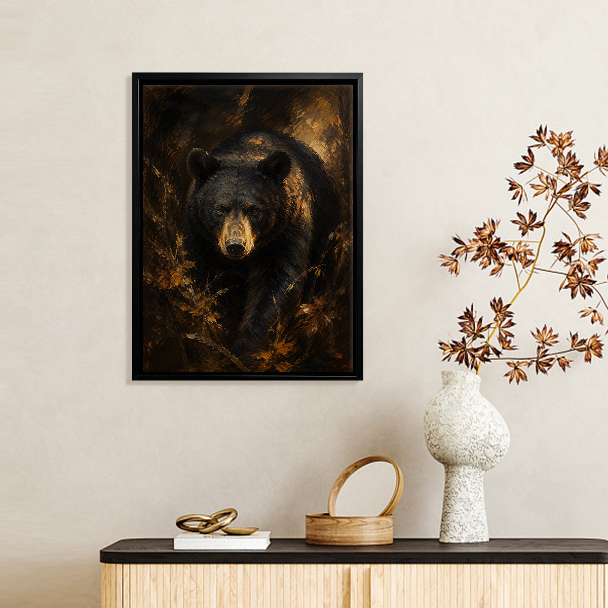 Framed Black Bear Art Print, Realistic Wildlife Painting, High-Quality Canvas, Perfect Home Decor for Living Room or Office