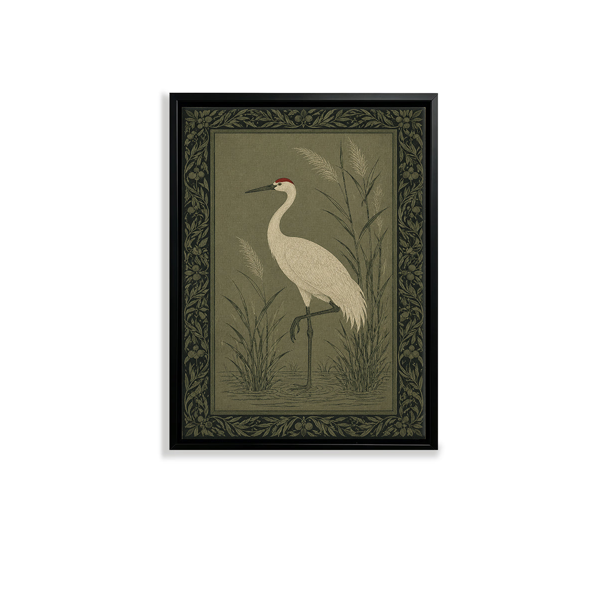 Framed Crane Bird Art Print, Vintage Style, Olive Green Background, Perfect for Home Decor