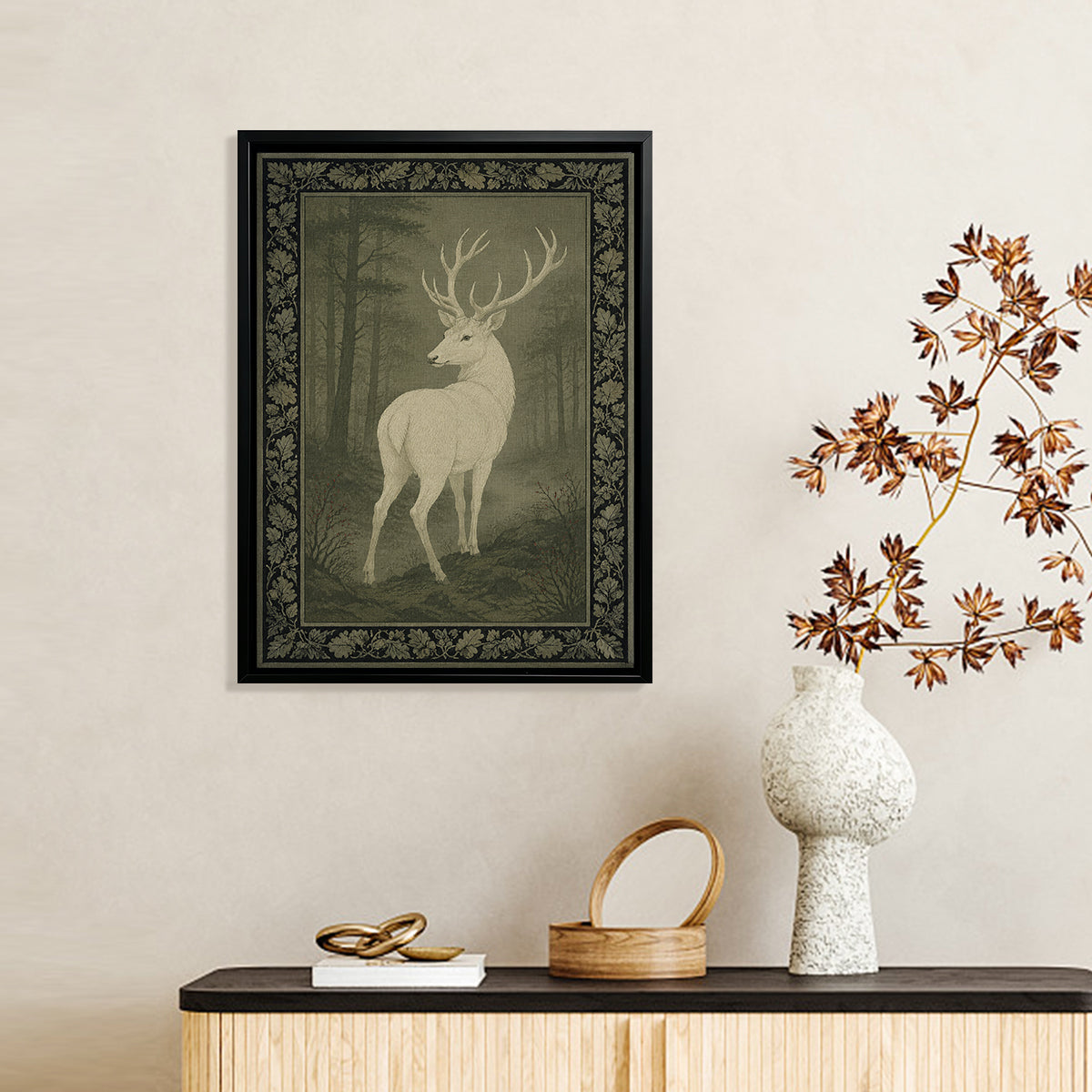 Framed Stag Print, Vintage Forest Scene, Elegant Wall Art for Home Decor, Perfect Gift
