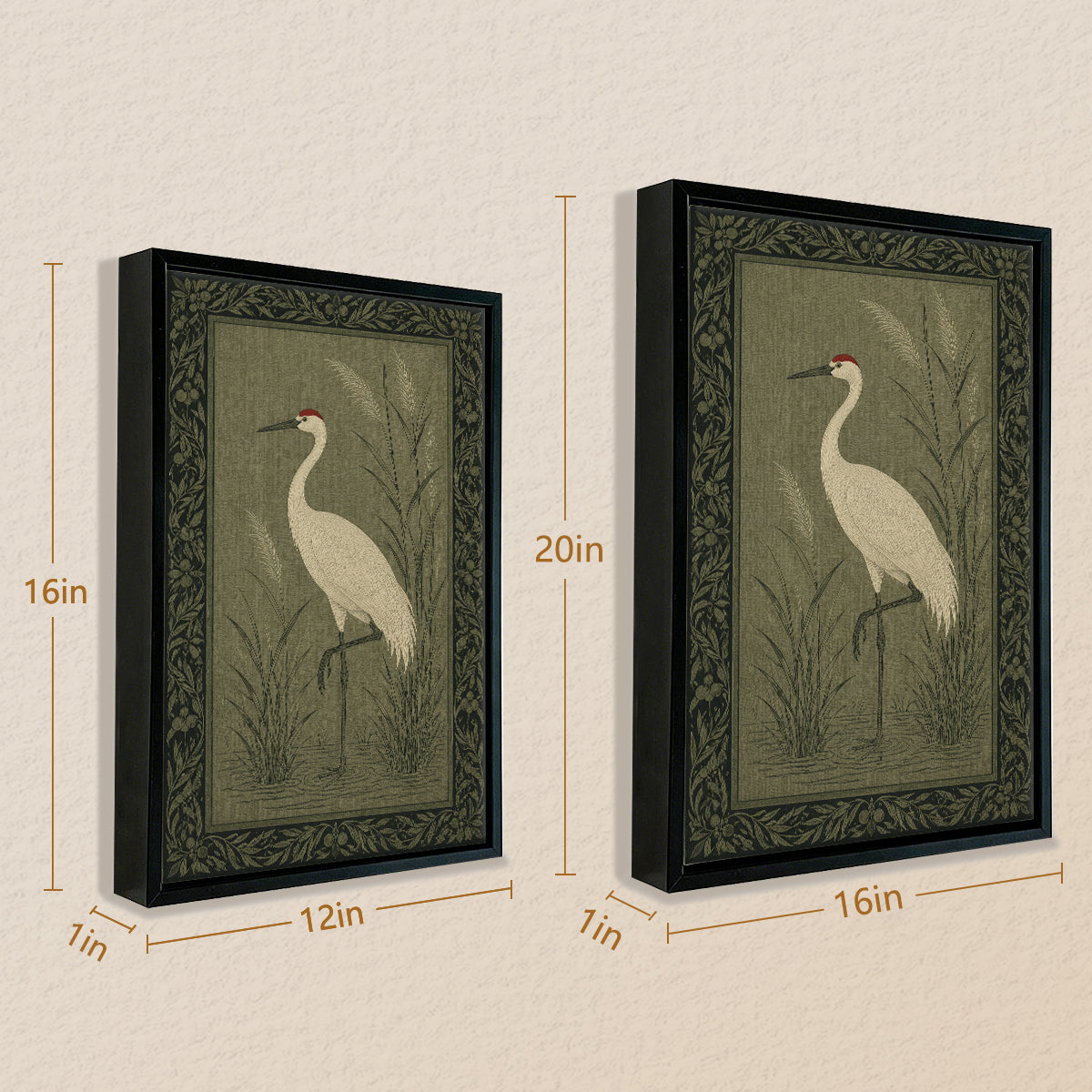 Framed Crane Bird Art Print, Vintage Style, Olive Green Background, Perfect for Home Decor
