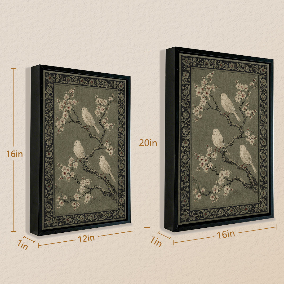 Framed Vintage Birds on Blossom Branches Art Print, Elegant Home Decor for Living Room or Staircase