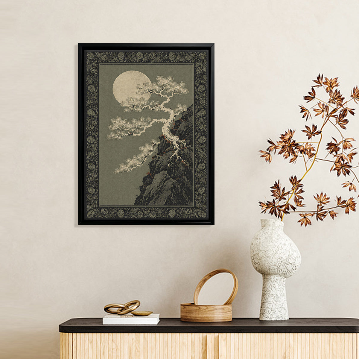 Framed Moonlit Pine Tree Art Print, Vintage Japanese Style, High-Quality Canvas, Perfect for Home Decor in Any Room