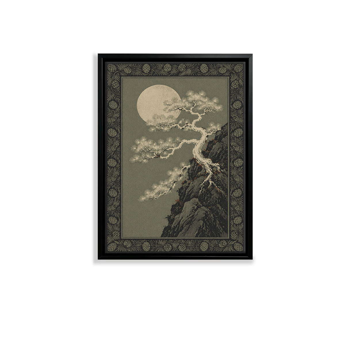Framed Moonlit Pine Tree Art Print, Vintage Japanese Style, High-Quality Canvas, Perfect for Home Decor in Any Room
