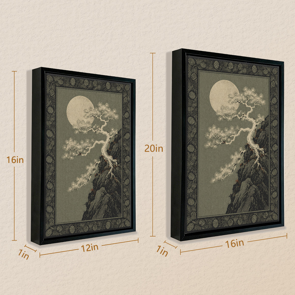 Framed Moonlit Pine Tree Art Print, Vintage Japanese Style, High-Quality Canvas, Perfect for Home Decor in Any Room