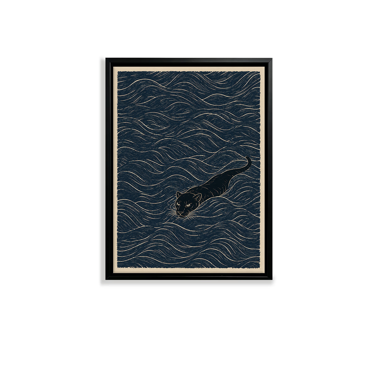 Framed Art Print of a Swimming Black Panther in Ocean Waves, Modern Home Decor, High-Quality Matte Finish