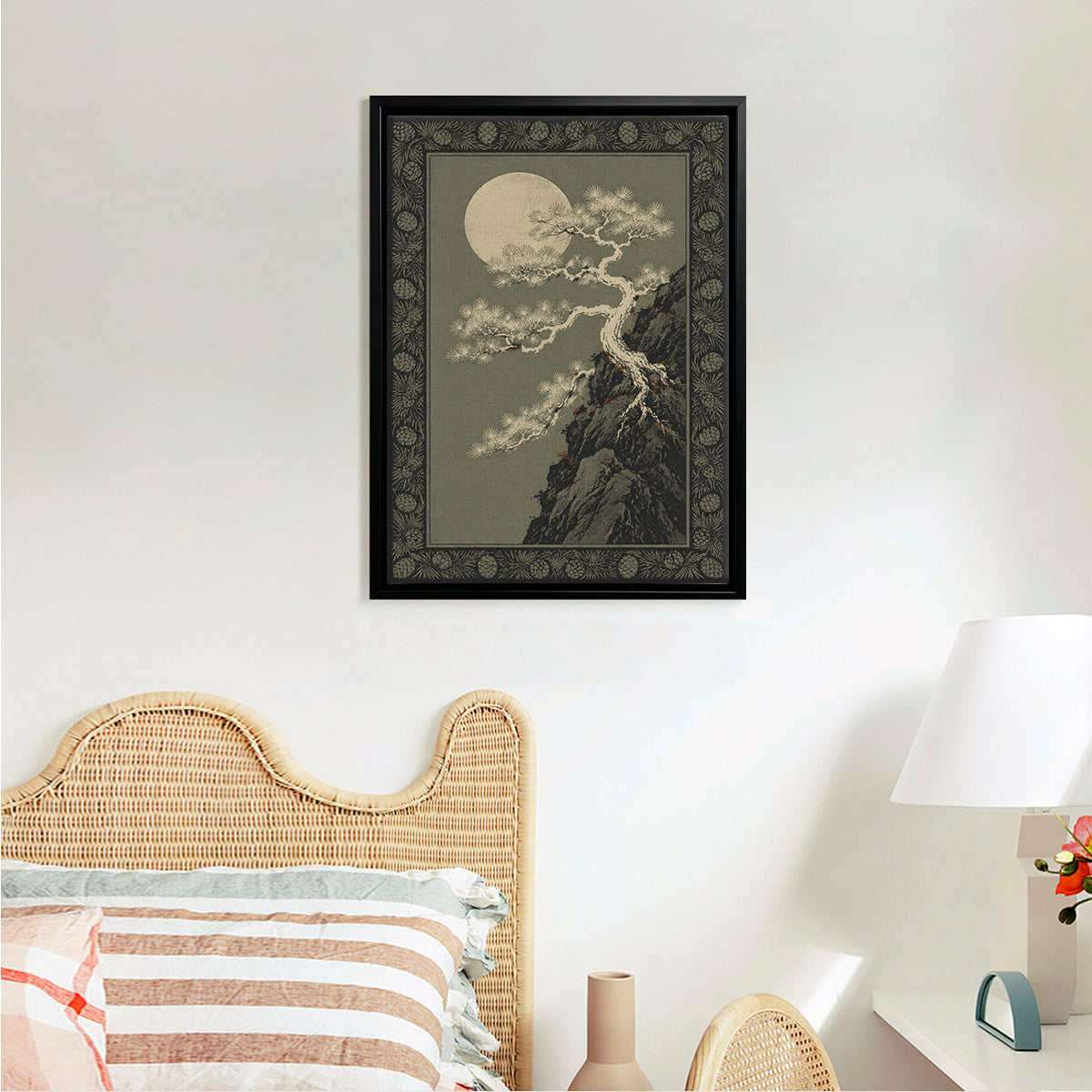 Framed Moonlit Pine Tree Art Print, Vintage Japanese Style, High-Quality Canvas, Perfect for Home Decor in Any Room